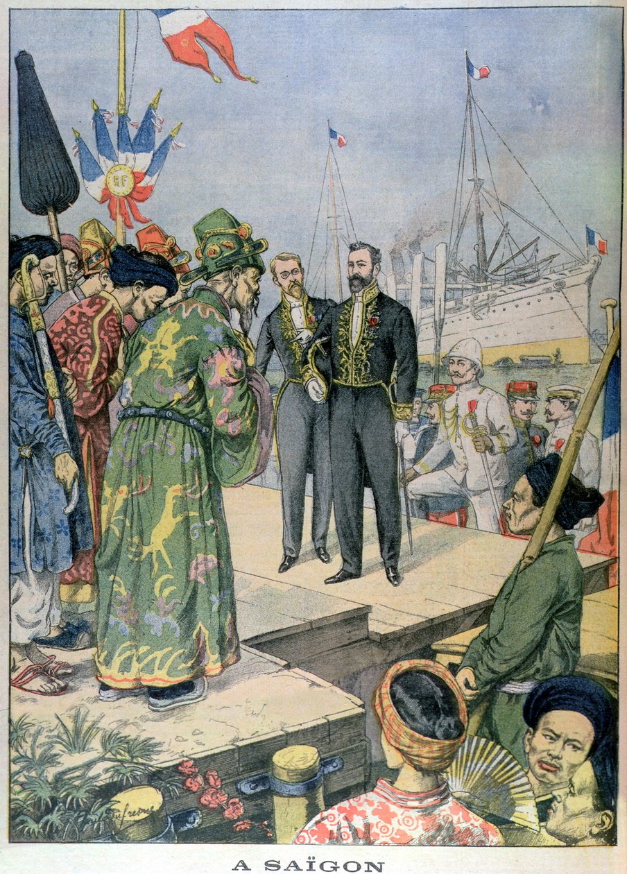 Chegada em Saigon de Paul Beau (1857-1927), Governador Geral da Indo-China 1902-07, de &39;Le Petit Journal&39;, novembro de 1902 (gravura a cores) de Charles Georges Dufresne