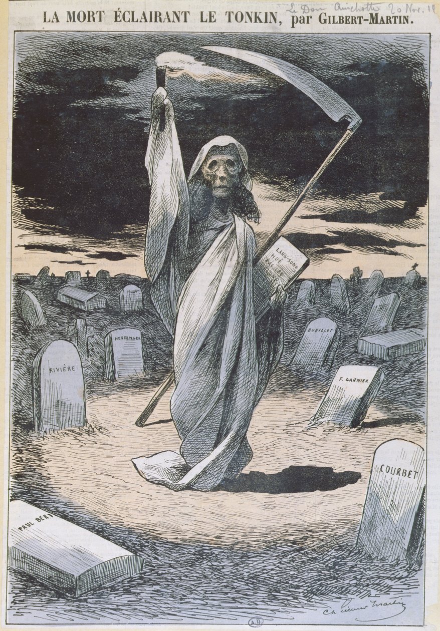Morte iluminando Tonkin, ilustração da revista &39;le Don Quichotte&39;, 20 de novembro de 1884 de Charles Gilbert Martin