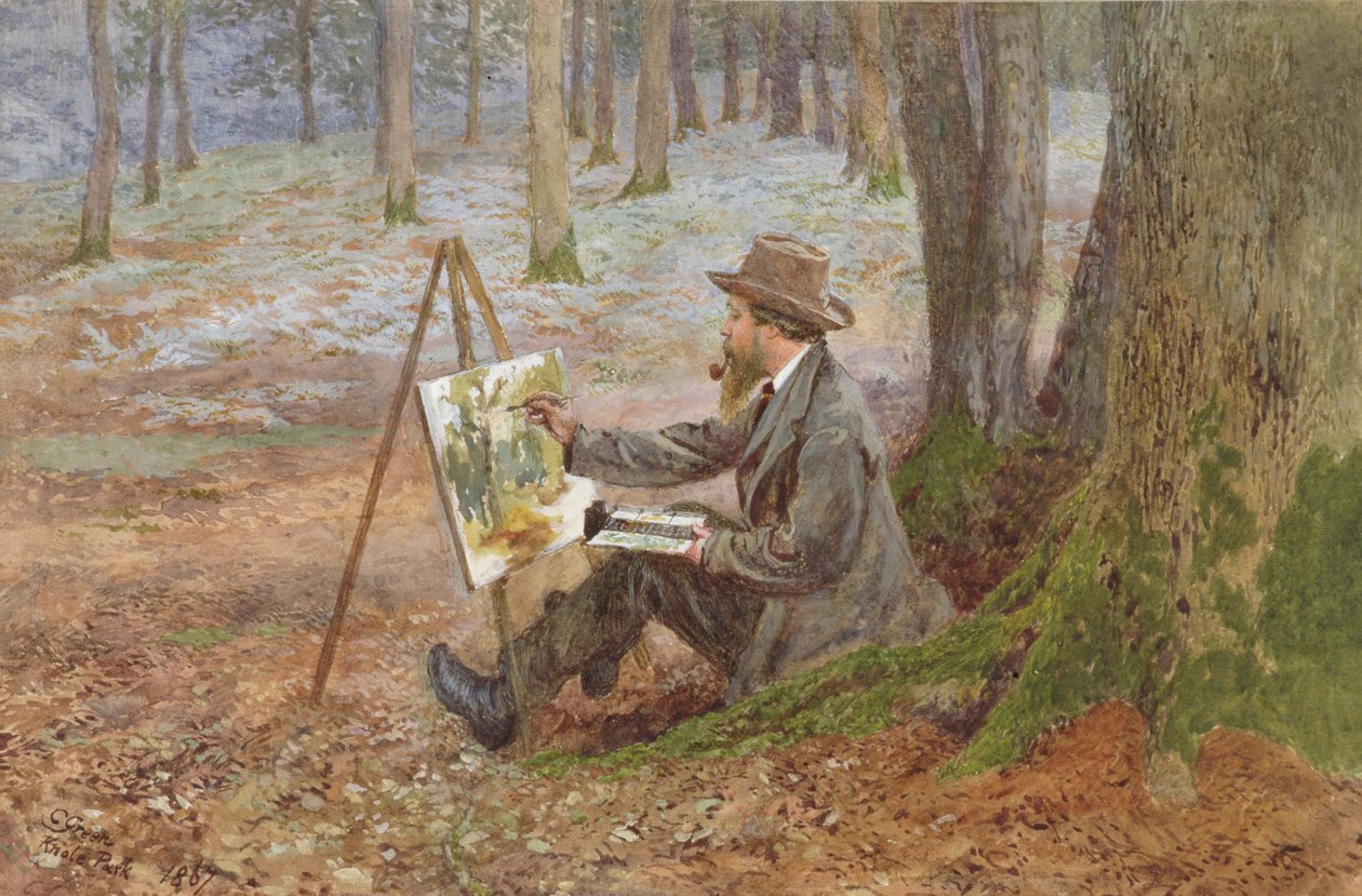 Pintura em aquarela na floresta em Knole Park, perto de Sevenoaks, Kent (wc no papel) de Charles Green