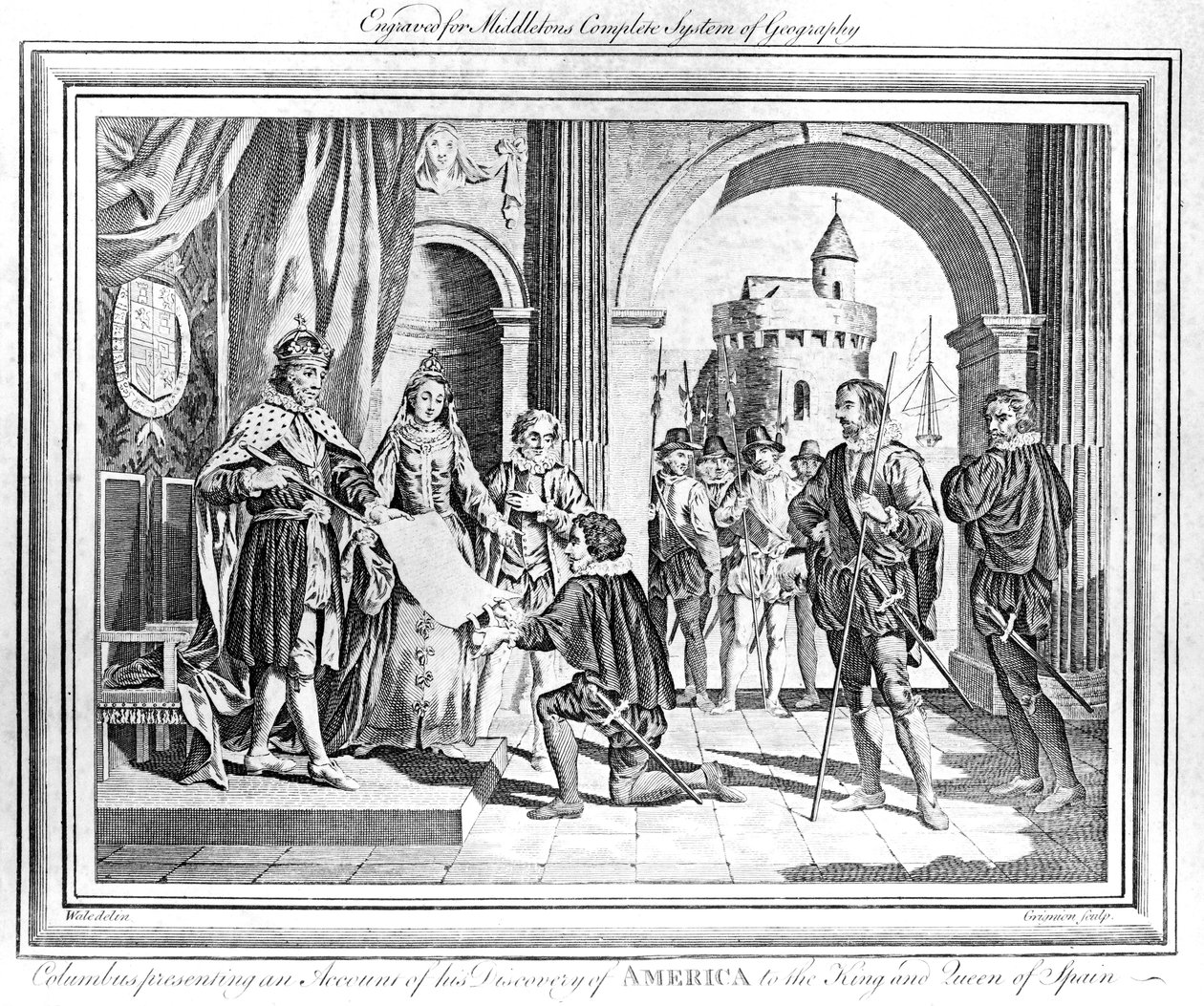 Cristóvão Colombo (1451-1506) apresentando um relato de sua descoberta da América para o rei e a rainha da Espanha de Charles Grignion