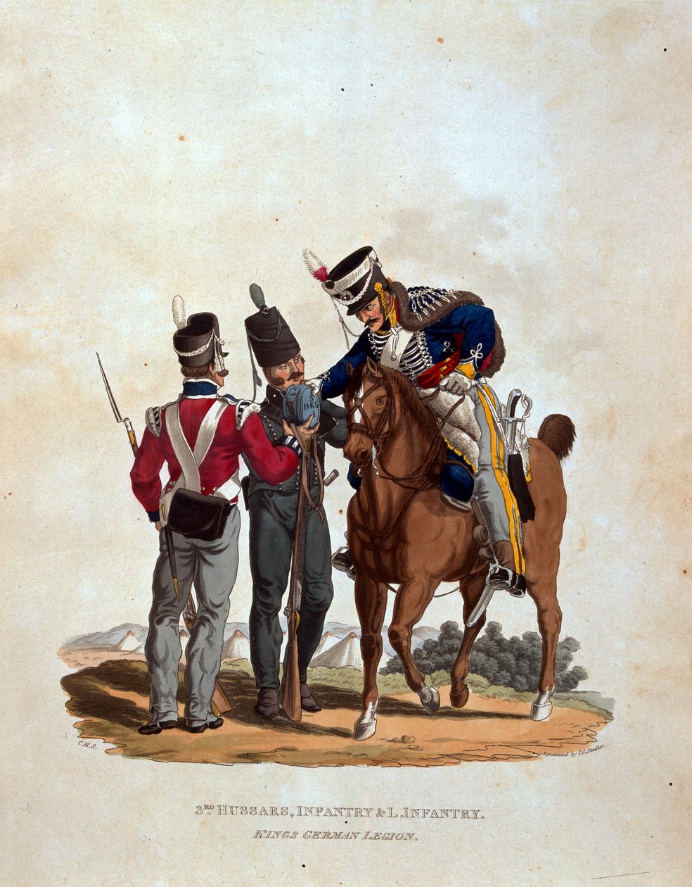 3º Hussardos, Infantaria e Infantaria Ligeira, Legião Alemã do Rei, de &39;Trajes do Exército do Império Britânico, de acordo com os últimos regulamentos 1812&39;, gravados por JC Stadler, publicado pela Colnag de Charles Hamilton Smith