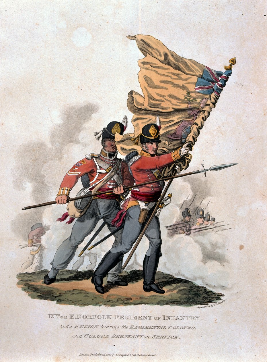 9, ou E Norfolk Regimento de Infantaria, de "Trajes do Exército do Império Britânico, de acordo com os últimos regulamentos 1812", gravada por JC Stadler, publicado pela Colnaghi und Co. 1812-15 (cor de Charles Hamilton Smith