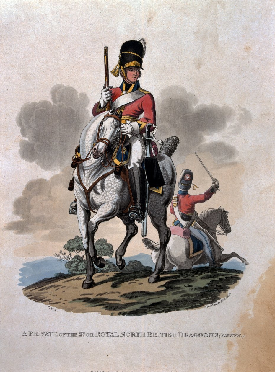 Um soldado do 2º, ou Royal Northern British Dragoons (Grays) de &39;Trajes do Exército do Império Britânico, de acordo com os últimos regulamentos 1812&39;, gravados por JC Stadler, publicado pela Colna de Charles Hamilton Smith