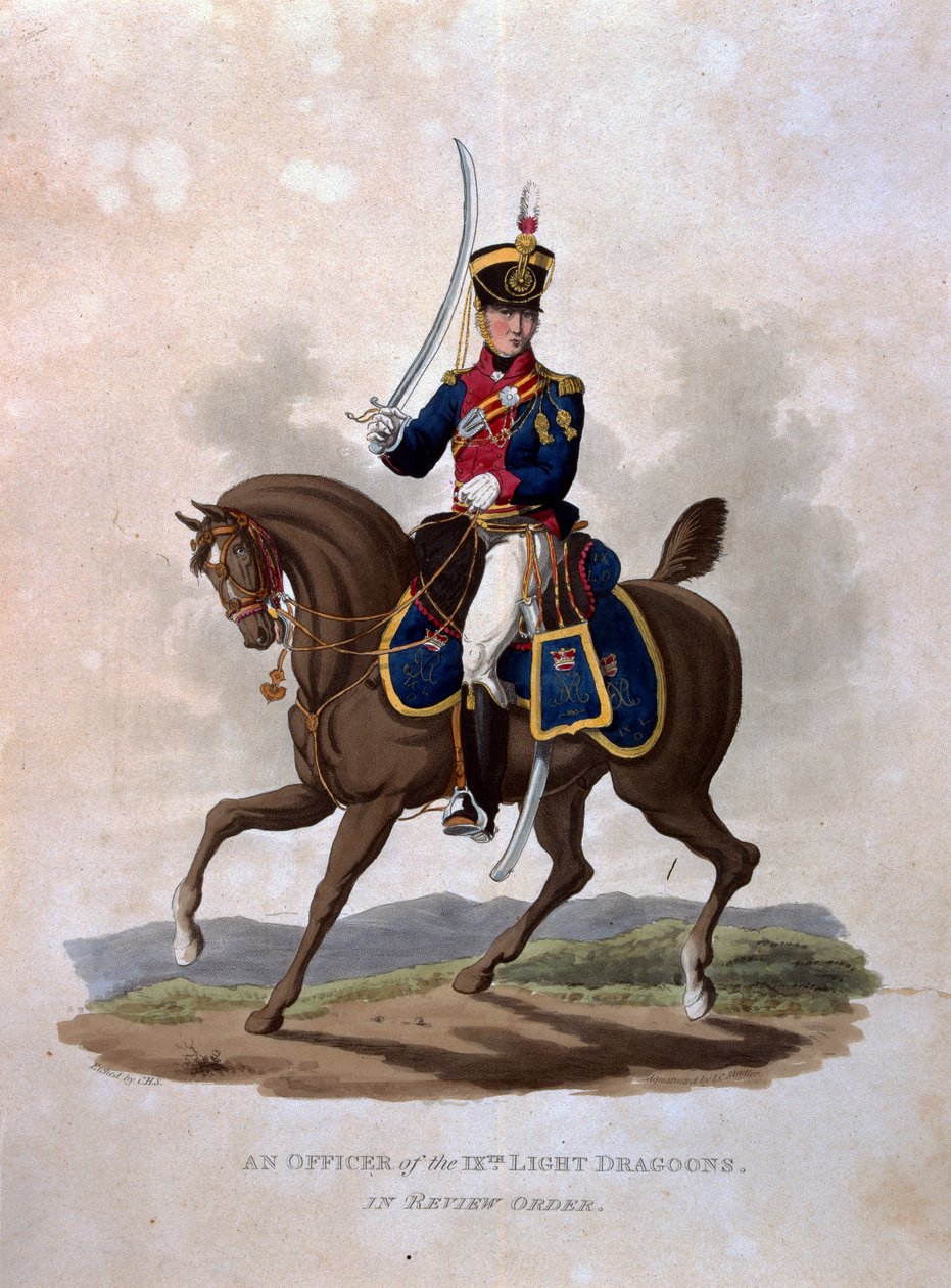 Um oficial da 9ª Luz Dragoons em Review Order, de "trajes do exército do Império Britânico, de acordo com as últimas regulamentações 1812", gravada por JC Stadler, publicado pela Colnaghi und Co. 1 de Charles Hamilton Smith