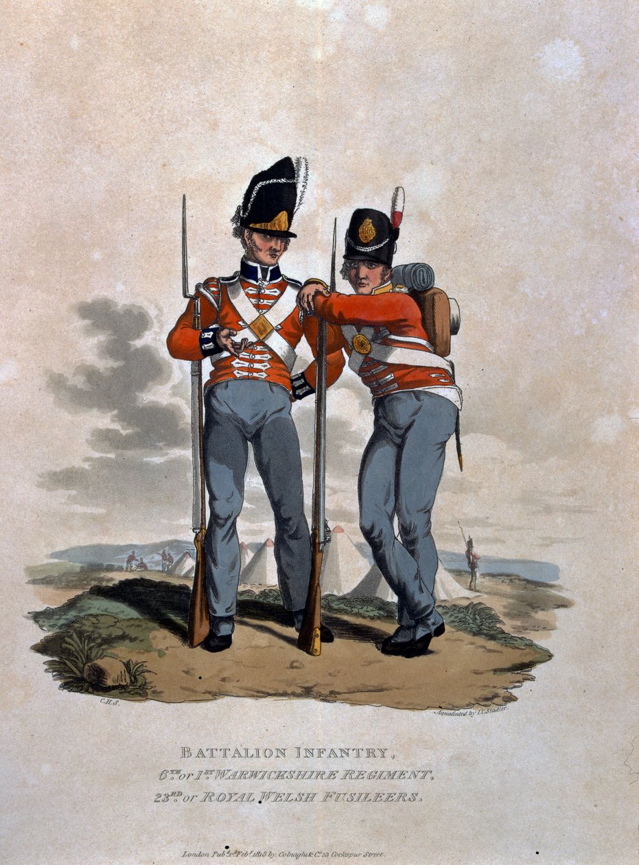 Batalhão de Infantaria 6º Regimento e 23º (ou Galeses Reais) de Fuzileiros, de "Figurinos do Exército do Império Britânico, de acordo com os últimos regulamentos 1812", gravados por JC Stadler, publicado por C de Charles Hamilton Smith