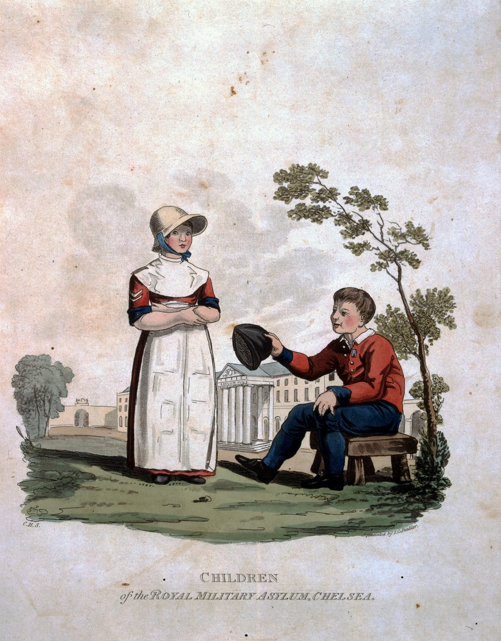 Crianças no Royal Military Asylum, Chelsea, de &39;Trajes do Exército do Império Britânico, de acordo com as últimas regulamentações de 1812&39;, gravadas por JC Stadler, publicadas pela Colnaghi und Co. 1812-15 de Charles Hamilton Smith