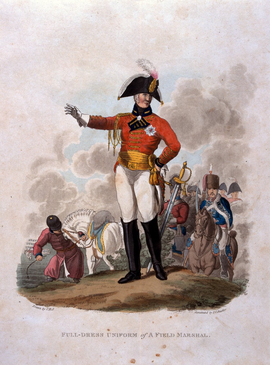 Uniforme de um marechal de campo, de "Figurinos do Exército do Império Britânico, de acordo com os últimos regulamentos 1812", gravado por JC Stadler, publicado por Colnaghi und Co. 1812-15 (coloure de Charles Hamilton Smith