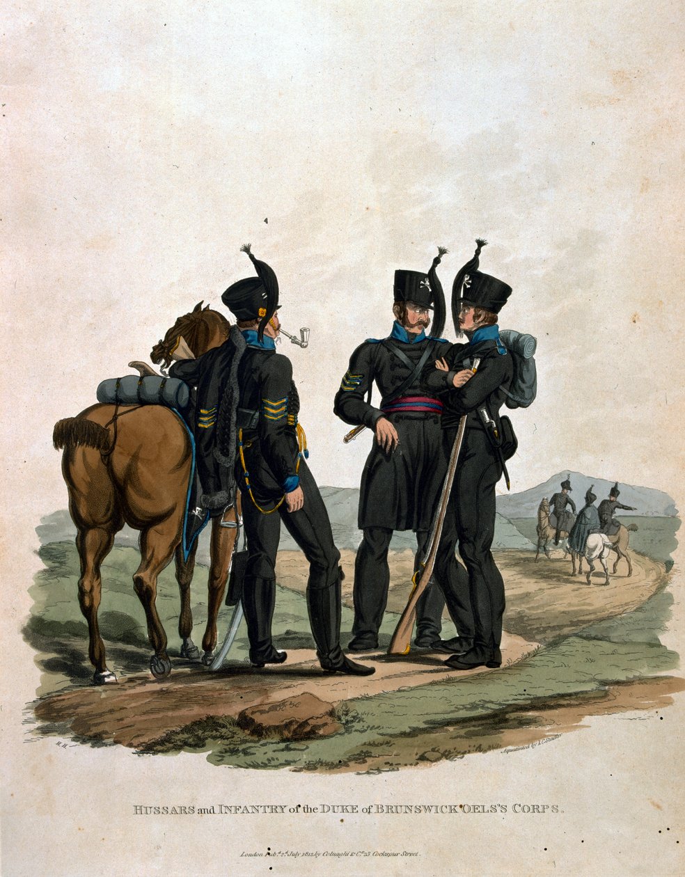 Hussardos e Infantaria do Corpo do Duque de Brunswick Oels, de "Trajes do Exército do Império Britânico, de acordo com os últimos regulamentos 1812", gravados por JC Stadler, publicado por Colnaghi und de Charles Hamilton Smith