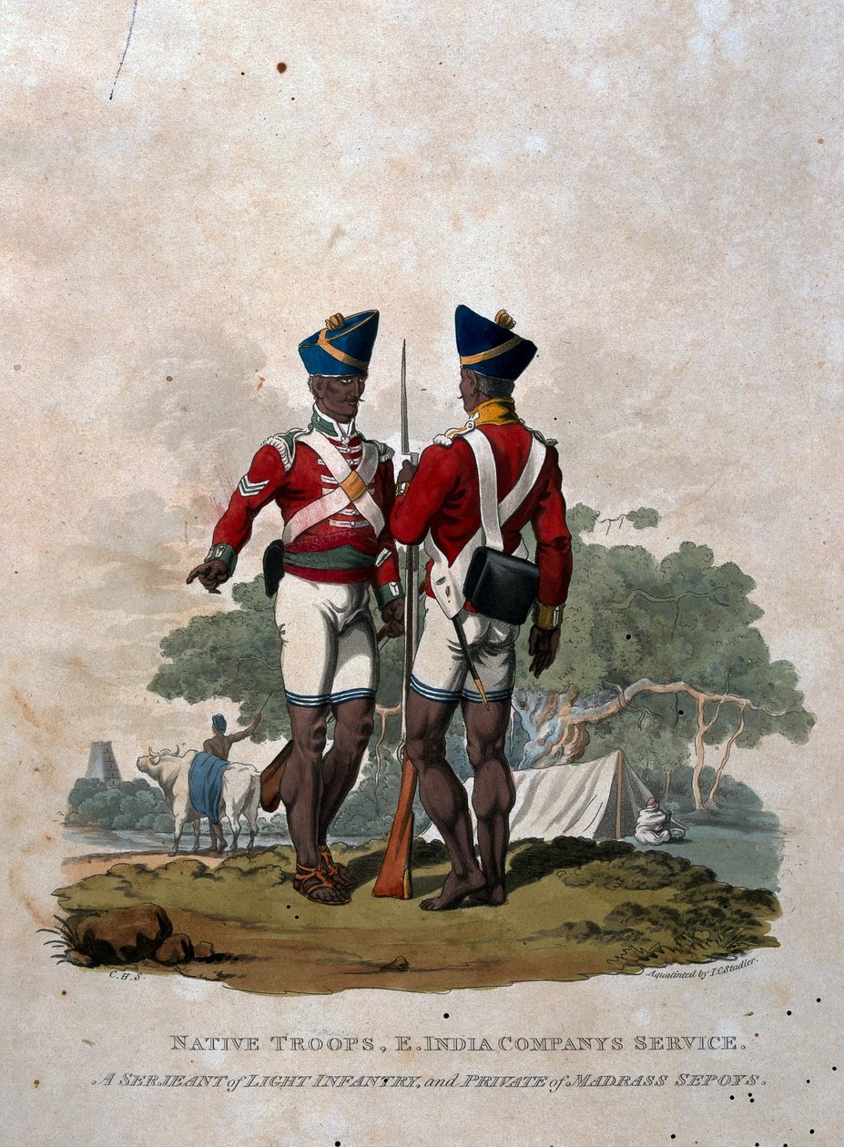 Tropas Nativas, Serviço da Companhia das Índias Orientais, Um Sargento de Infantaria Ligeira e Privado de Madras Sepoys, de &39;Trajes do Exército do Império Britânico, de acordo com as últimas regulamentações de 1812&39;, engra de Charles Hamilton Smith