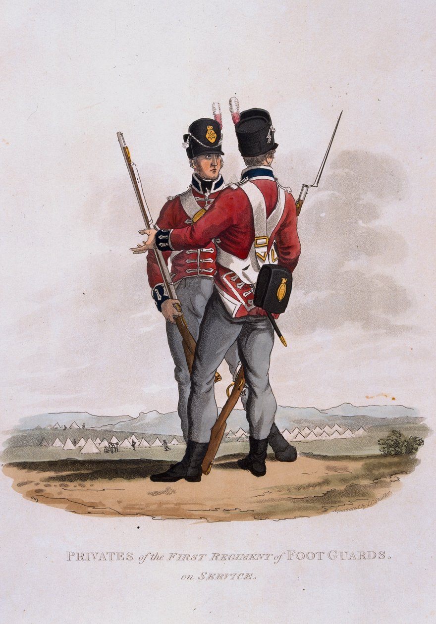 Privados do Primeiro Regimento de Guardas de Pé em Serviço, de &39;Trajes do Exército do Império Britânico, de acordo com os últimos regulamentos 1812&39;, gravados por JC Stadler, publicado por Colnaghi und C de Charles Hamilton Smith