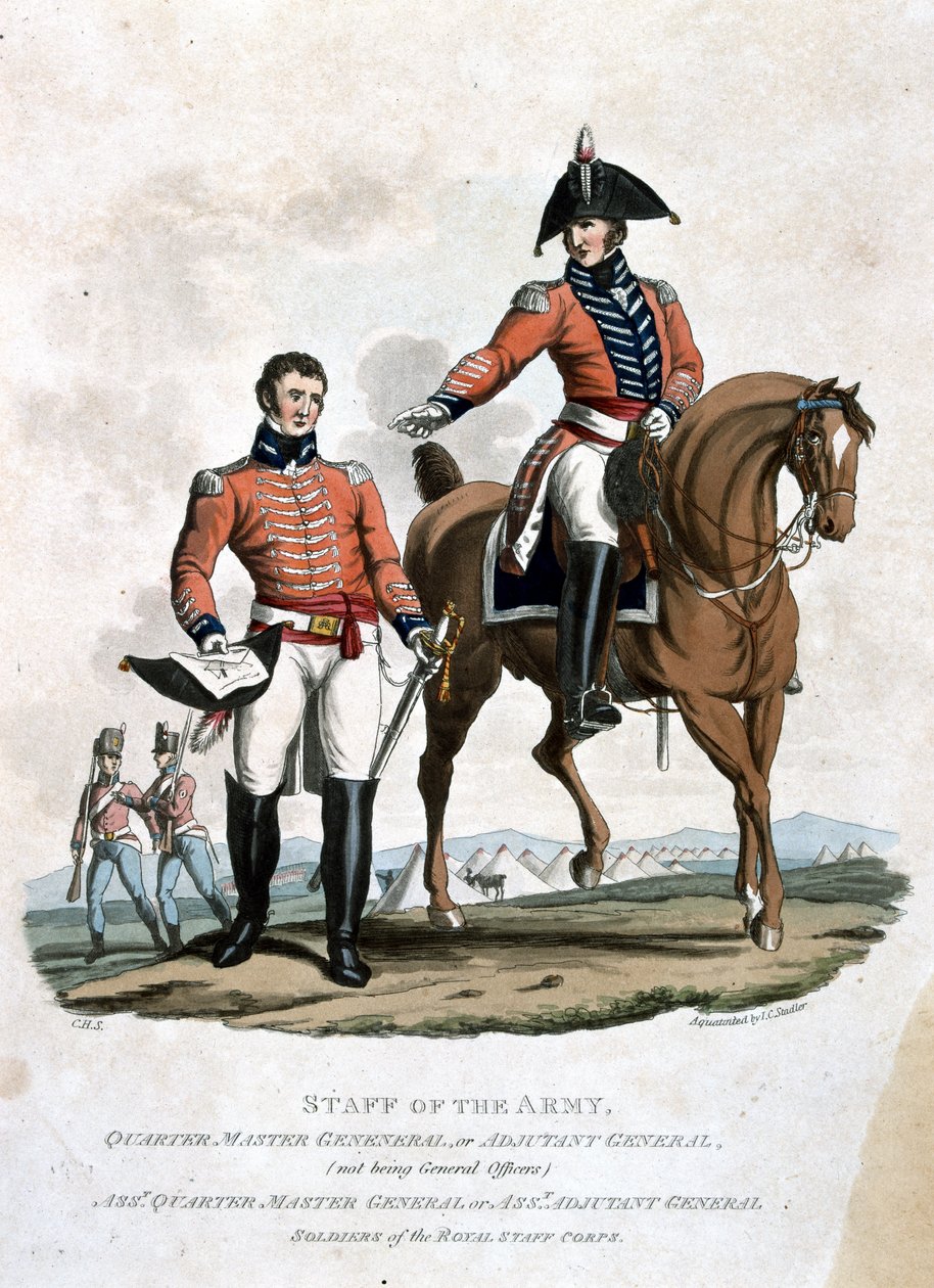Quarter Master General e Assistente do Quartel General, de "Figurinos do Exército do Império Britânico, de acordo com os últimos regulamentos 1812", gravados por JC Stadler, publicado pela Colnaghi de Charles Hamilton Smith