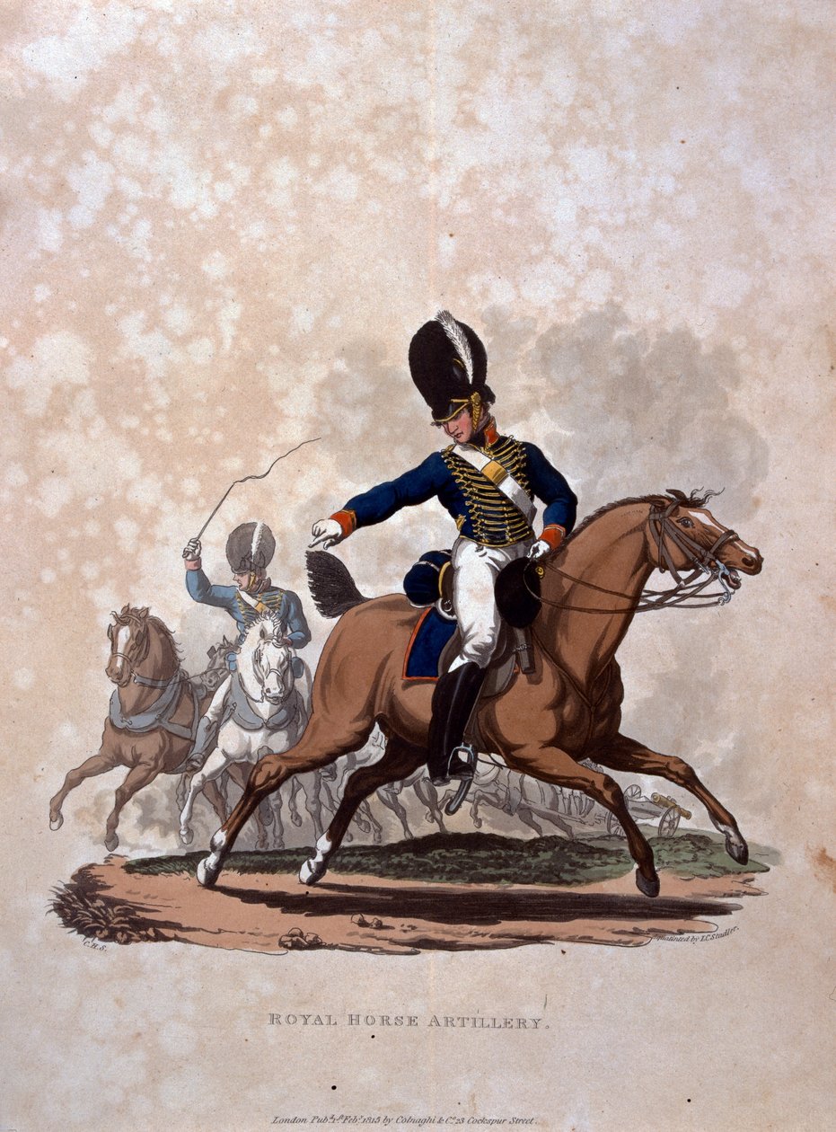 Artilharia Real a Cavalo, de "Figurinos do Exército do Império Britânico, de acordo com as últimas regulamentações de 1812", gravada por JC Stadler, publicada por Colnaghi und Co. 1812-15 (aquatinta colorida) de Charles Hamilton Smith