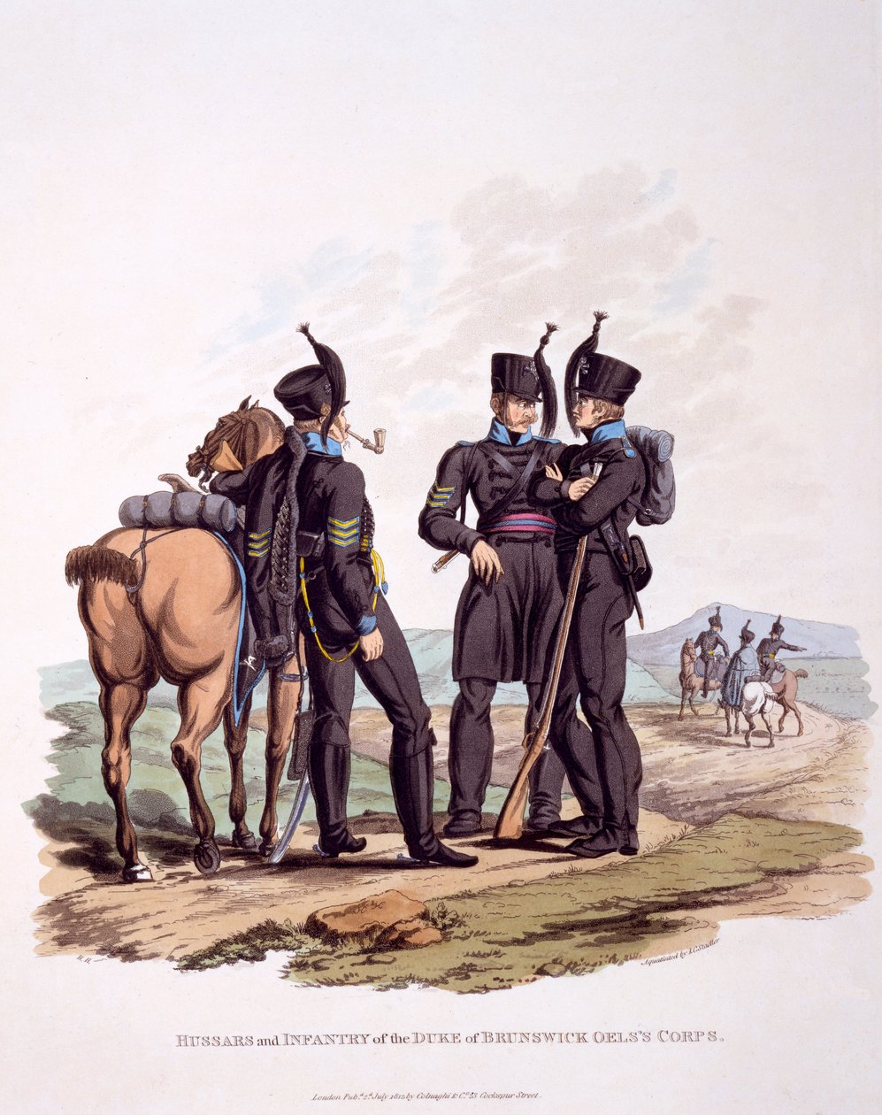Uniforme de Hussardos e Infantaria e Corpo de Oel do Duque de Brunswick, de &39;Traje do Império Britânico, de acordo com o Último Regulamento&39;, publicado em 1812 (aquatinta colorido à mão) de Charles Hamilton Smith