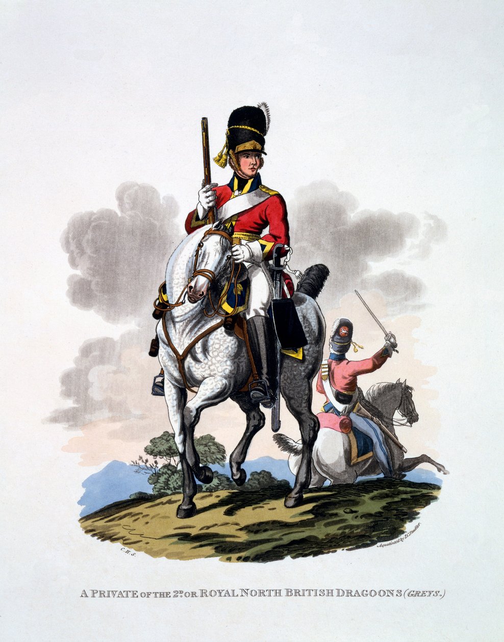 Uniforme de um soldado dos Dragões Britânicos do 2º ou Real Norte, "Os Cinzas", de "Traje do Império Britânico, de acordo com os Últimos Regulamentos", publicado em 1813 (aquatinta colorido à mão) de Charles Hamilton Smith