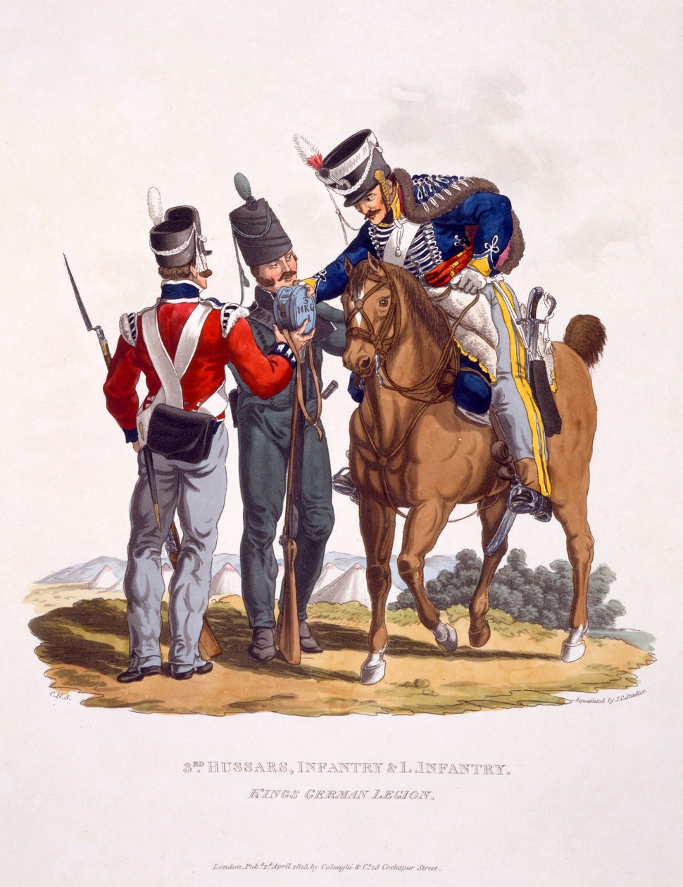 Uniforme dos 3 Hussardos, Infantaria e Infantaria Ligeira - A Legião Alemã do Rei, de &39;Traje do Império Britânico, de acordo com os Últimos Regulamentos&39;, publicado em 1815 (aquatinta colorido à mão) de Charles Hamilton Smith