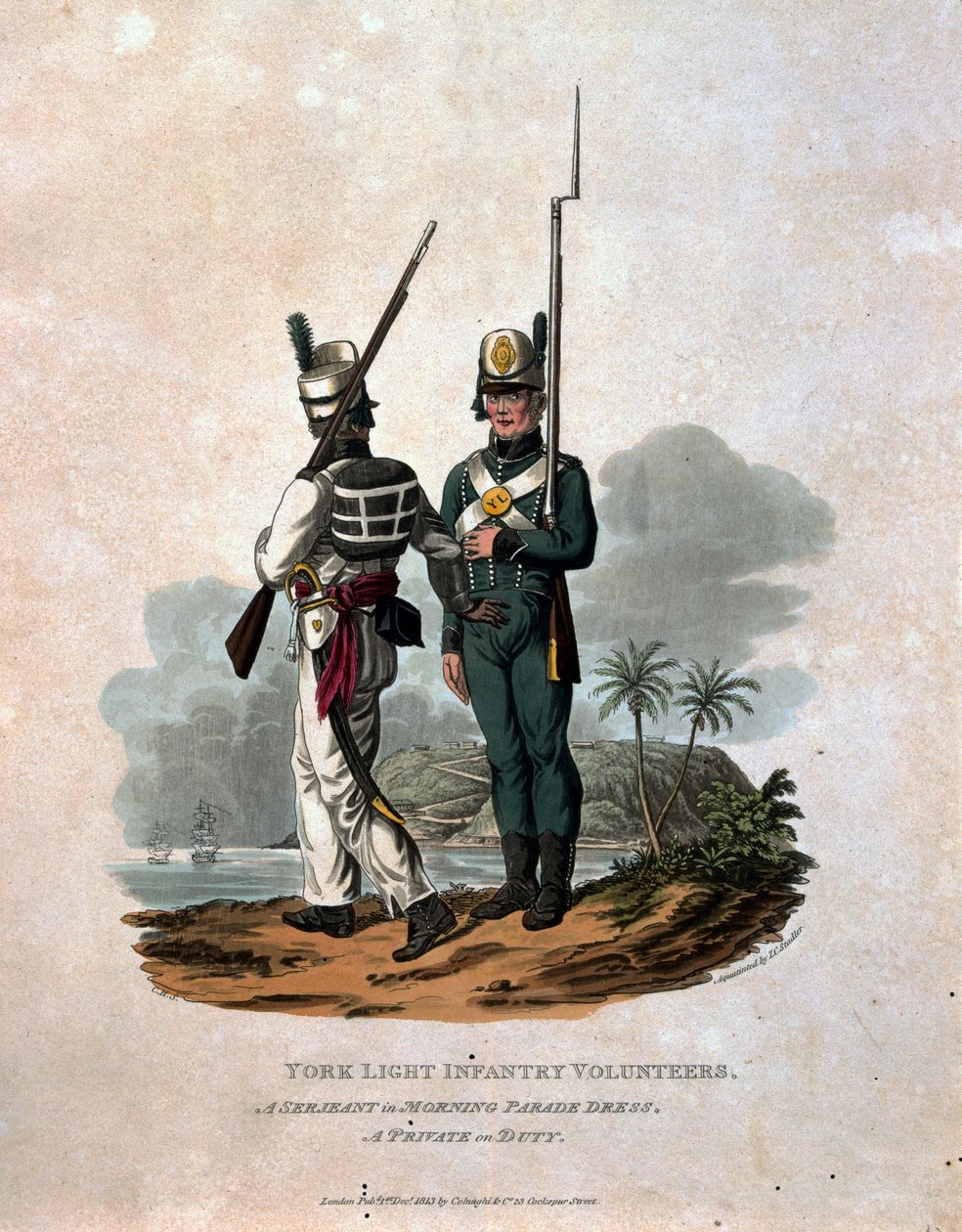 Voluntários da Infantaria Leve de York, um Serjeant do Morning Parade Dress, um soldado em serviço, de "Figurinos do Exército do Império Britânico, de acordo com os últimos regulamentos de 1812", gravados por JC Stadl de Charles Hamilton Smith