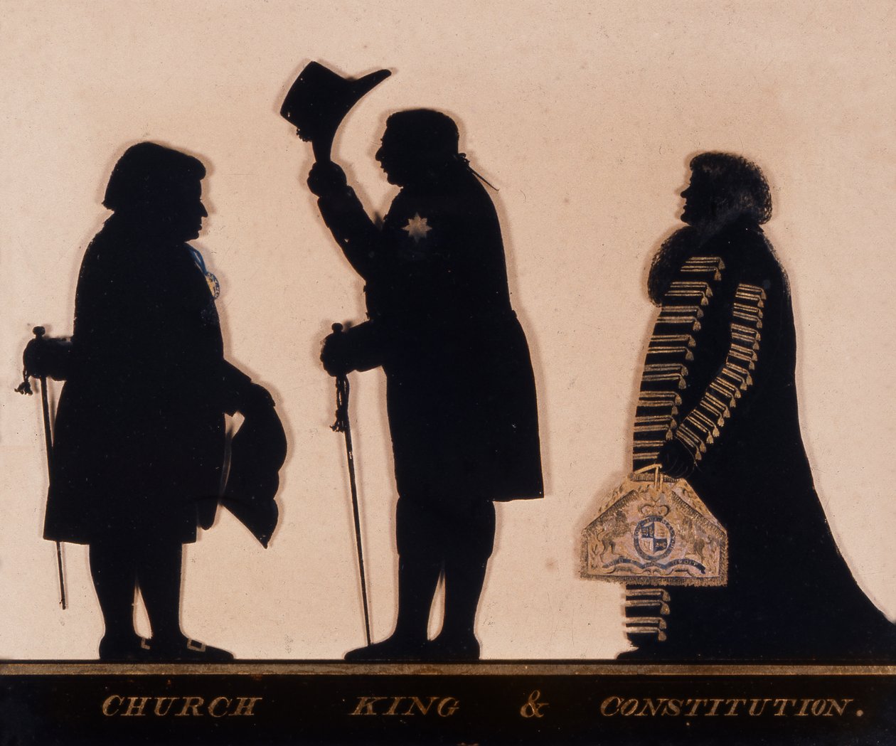Silhueta intitulada "Igreja, Rei e Constituição", c.1793 (vidro) de Charles I Rosenberg