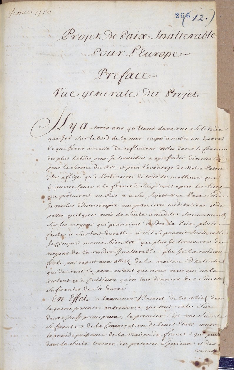 Prefácio ao Projet de Paix Inalterável para a Europa (Projecto de Paz Inalterável na Europa) c.1710-13 (caneta e tinta sobre papel) de Charles Irenee Castel, Abbe de Saint Pierre