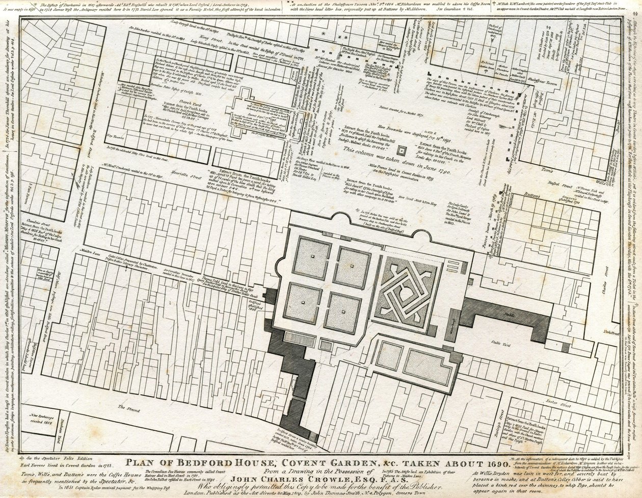 Plano de Bedford House e jardim em Covent Garden desenhado por volta de 1690, com anotações subseqüentes de Charles John Crowle