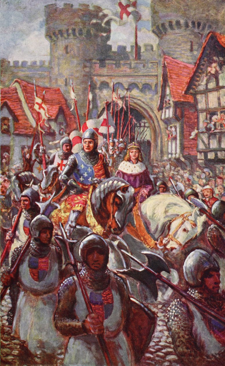 Edward V cavalga em Londres com Duke Richard, 1483, ilustração da "História da Nação Britânica" de Hutchinson, c.1923 de Charles John de Lacy