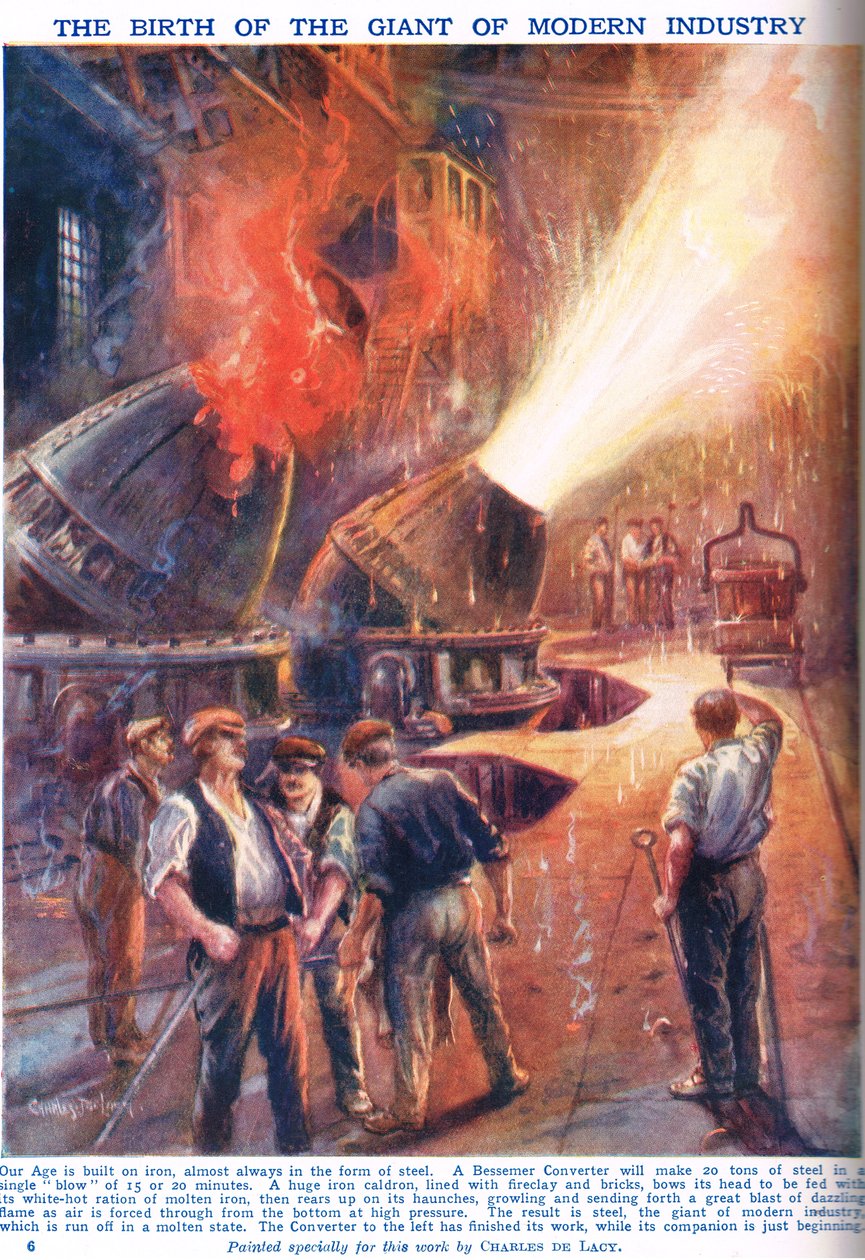 O Nascimento do Gigante da Indústria Moderna, ilustração do "Newnes Pictorial Book of Knowledge", c.1920 de Charles John de Lacy