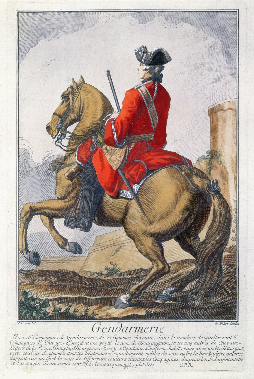 Gendarme montado em um cavalo (gravura de cor) de Charles Joseph Dominique Eisen
