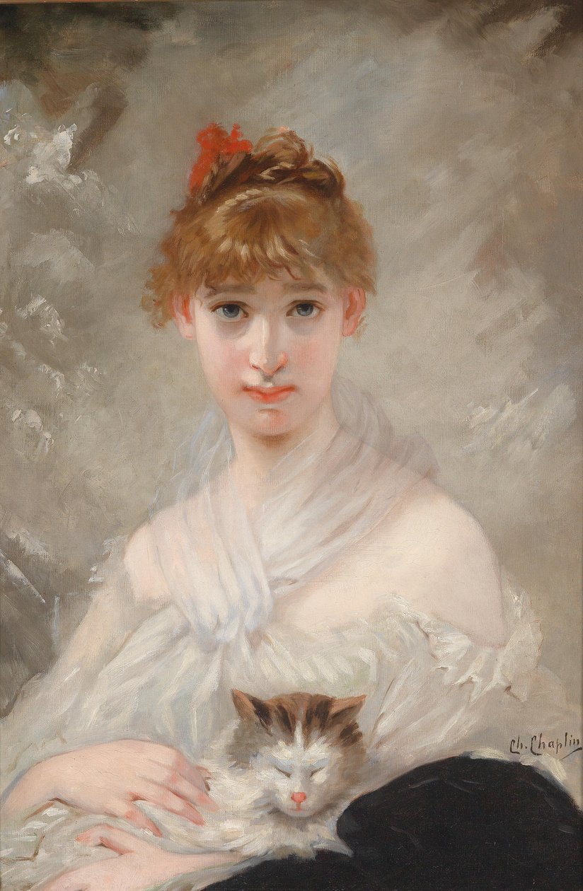 Menina, com, branca, toalha, e, gato, em, dela, braços de Charles Joshua Chaplin