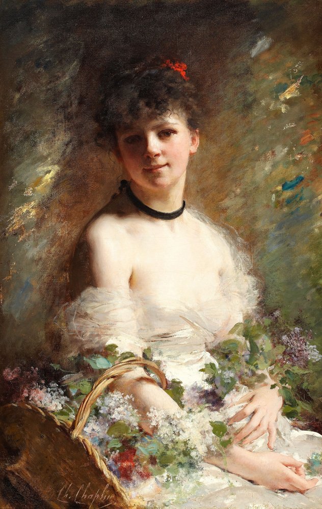 Mulher jovem, com, cesta flor de Charles Joshua Chaplin