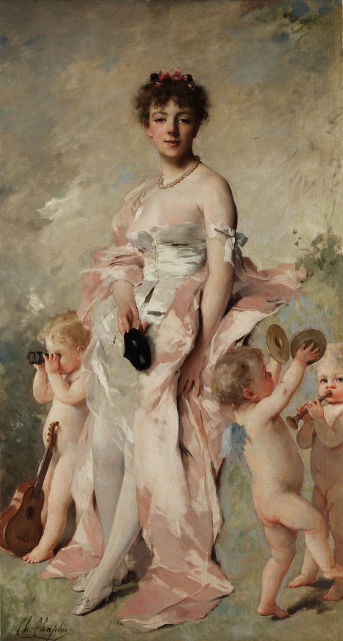 Mulher jovem, em, vestido bola, com, putti de Charles Joshua Chaplin