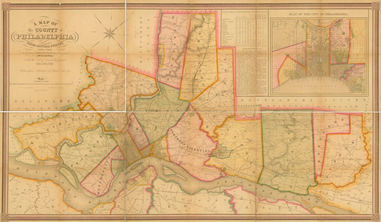 Mapa do Condado de Filadélfia, da pesquisa real, 1843 (gravura colorida à mão) de Charles Jr. Ellet