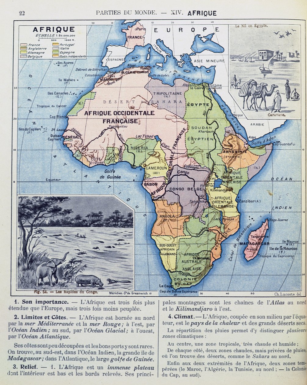 Mapa da África colonial, de um livro escolar, publicado em 1911 de Charles Lacoste