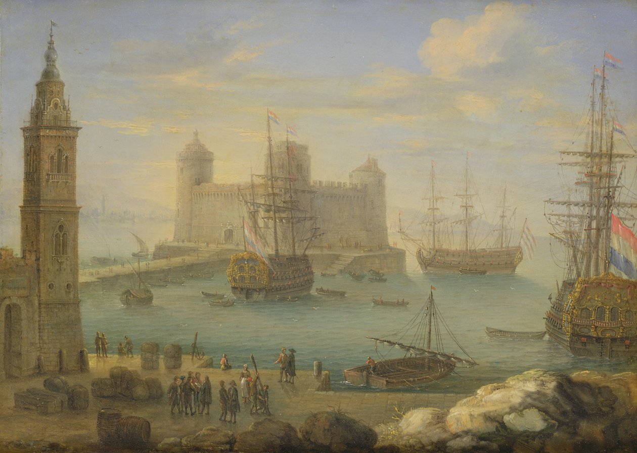 Um porto do Mediterrâneo com homens o war (óleo sobre cobre) de Charles Laurent Grevenbroeck