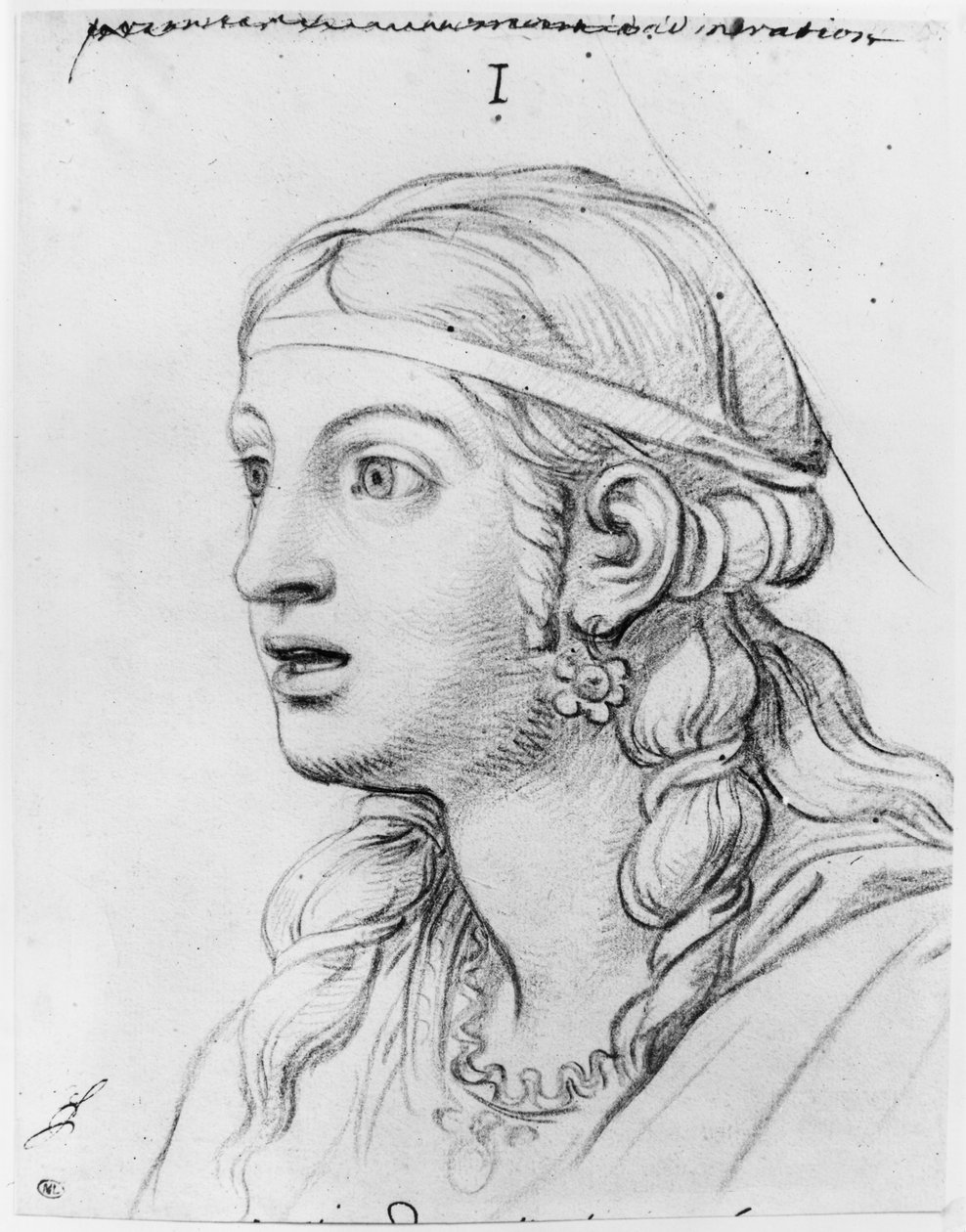 Admiração com espanto (pierre noire em papel branco amarelado) de Charles Le Brun