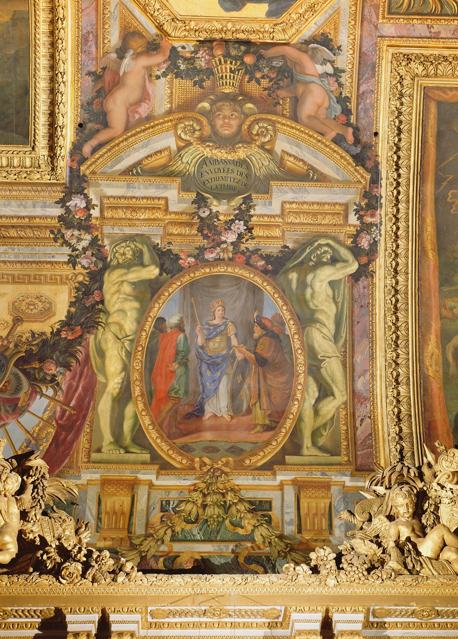 Embaixadores que chegam de todos os cantos da terra, pintura do teto da Galerie des Glaces de Charles Le Brun