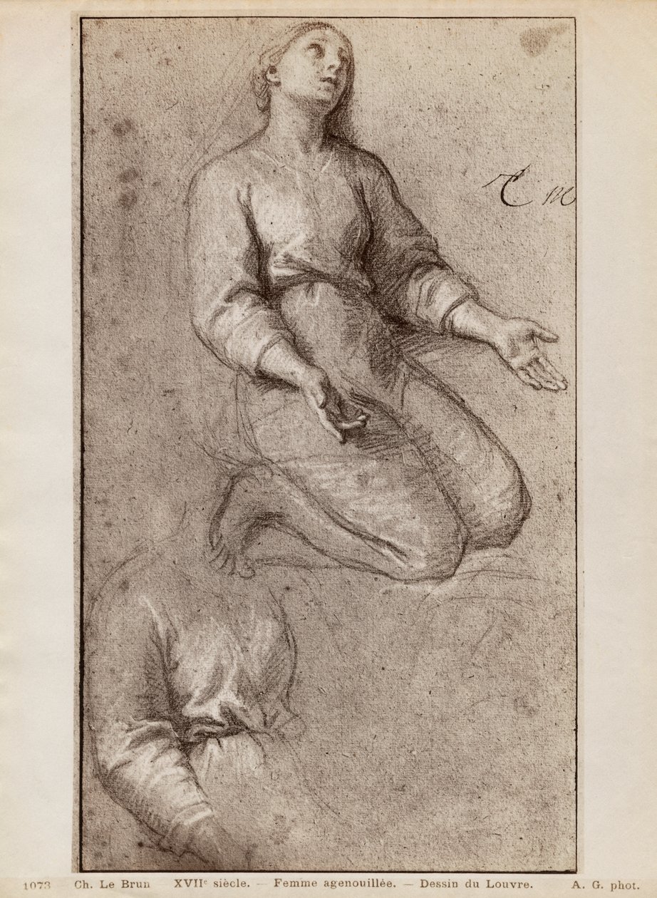 Mulher ajoelhada, c.1685 (pierre noire und destaques de giz branco em papel bege) de Charles Le Brun