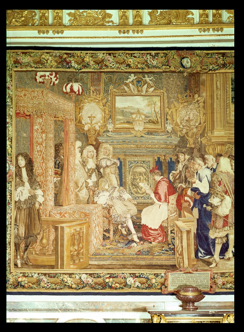 Luís XIV (1638-1715) recebendo o legado papal em Fontainebleau, detalhe de uma tapeçaria de Gobelins, 29 de julho de 1664 (tapeçaria) (ver 22905) de Charles Le Brun