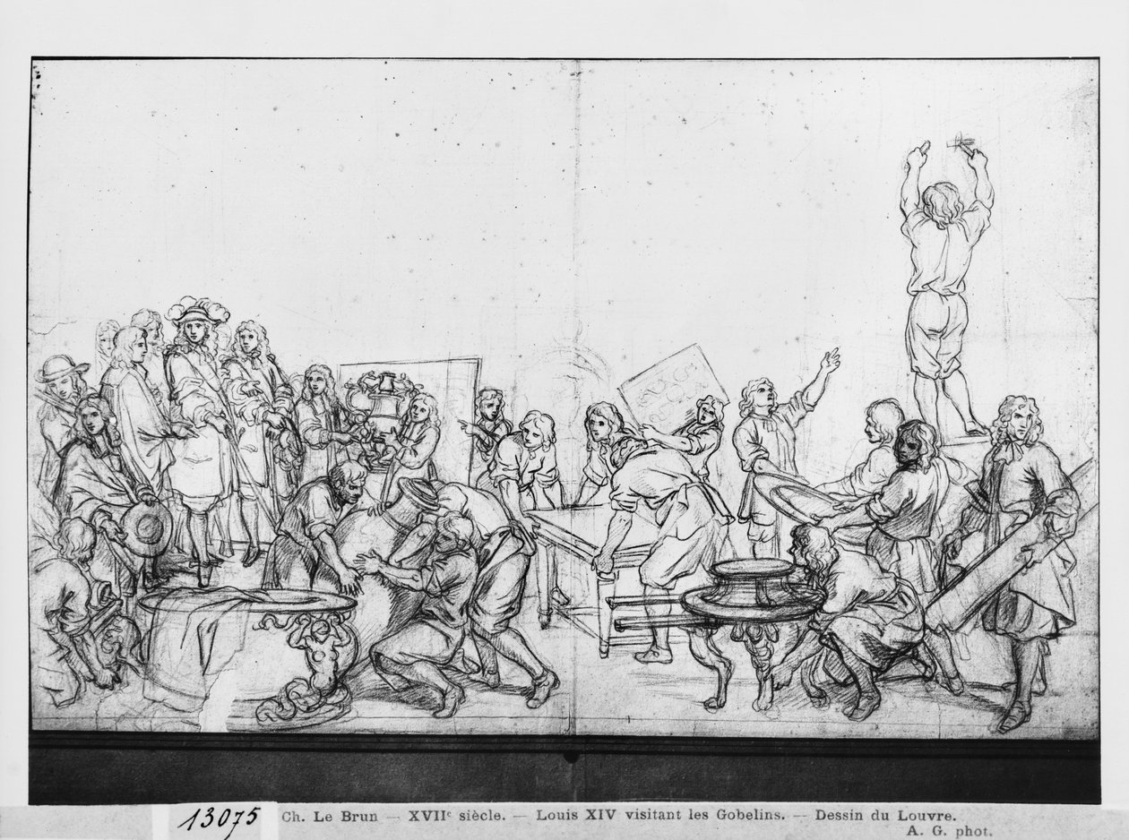 Louis XIV visitando a fábrica dos Gobelins (pierre noire no papel) de Charles Le Brun