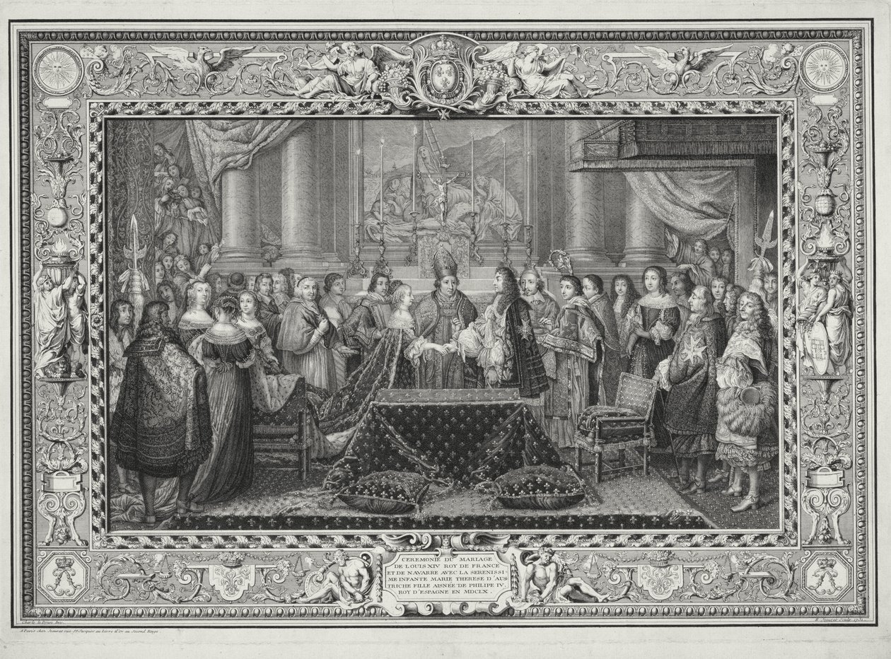 Cerimônia de casamento de Luís XIV (1638-1715) Rei da França e Navarra, e a Infanta, Maria Teresa da Áustria (1638-83) filha de Filipe IV, rei da Espanha em 1660, gravada por B. Jeaurat, 1731 (l de Charles Le Brun