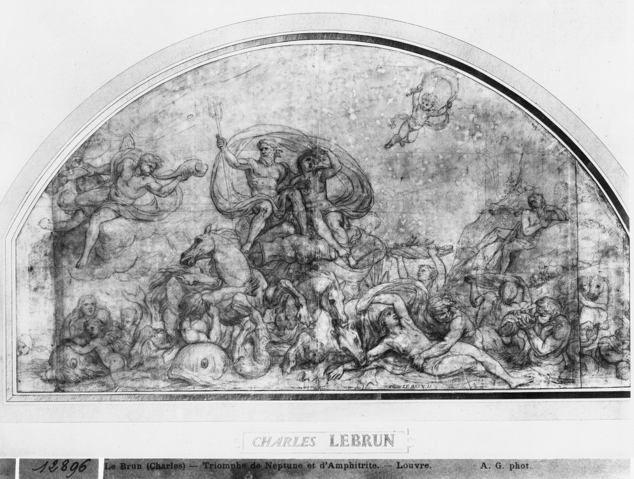 Netuno e Anfitrite ou Reawakening of Waters, c.1663 (caneta e tinta marrom e giz vermelho e cinza lavado sobre papel bege) de Charles Le Brun