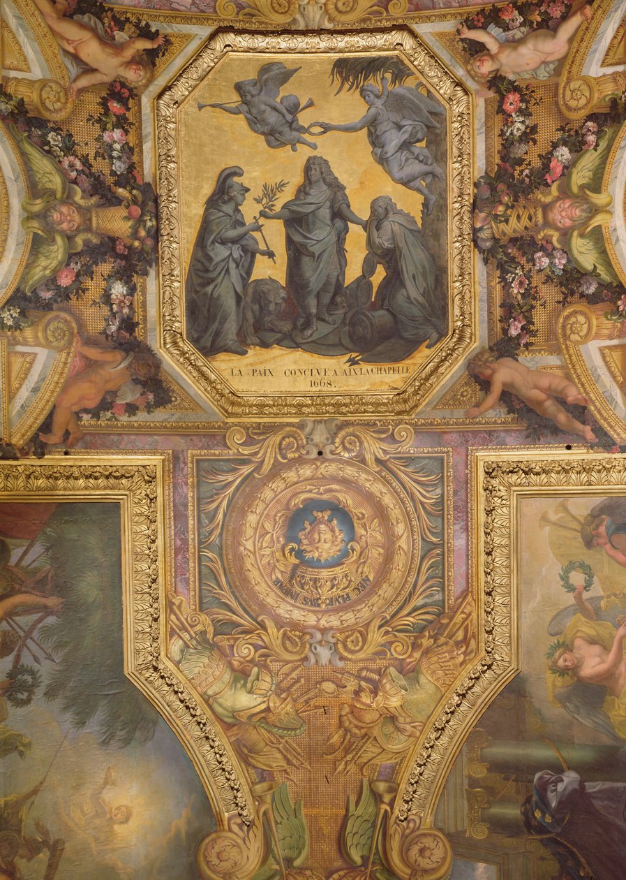 Paz feita em Aix-la-Chapelle em 1668, pintura de teto da Galerie des Glaces de Charles Le Brun