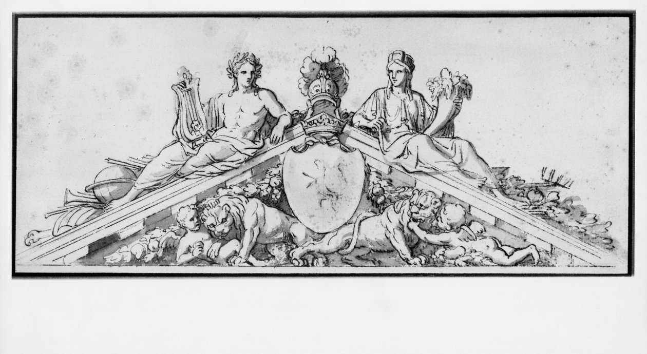 Projeto para o frontão do Castelo de Vaux-Le-Vicomte (caneta e tinta marrom e castanho claro sobre papel bege) de Charles Le Brun
