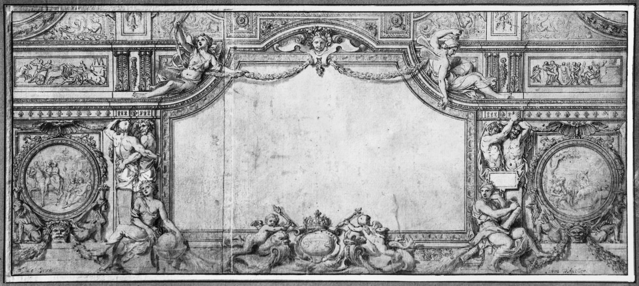 Projecto de tecto decorado, c.1663 (caneta e tinta preta e lavagem cinzenta sobre papel castanho) de Charles Le Brun