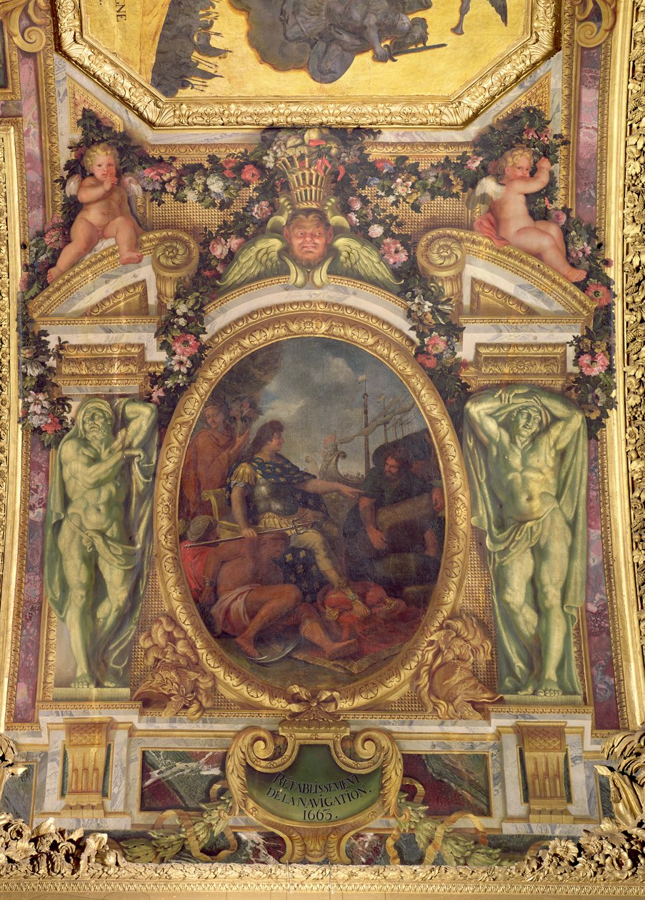 Restabelecimento dos Direitos de Navegação em 1663, pintura de teto da Galerie des Glaces de Charles Le Brun