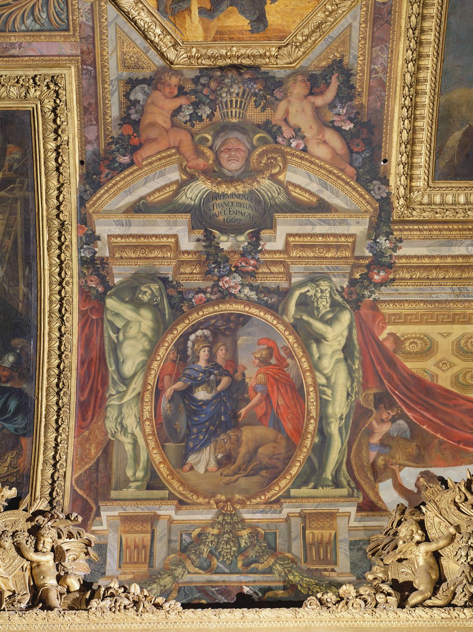 Espanha Reconhecendo a Preeminência da França em 1662, pintura de teto da Galerie des Glaces de Charles Le Brun
