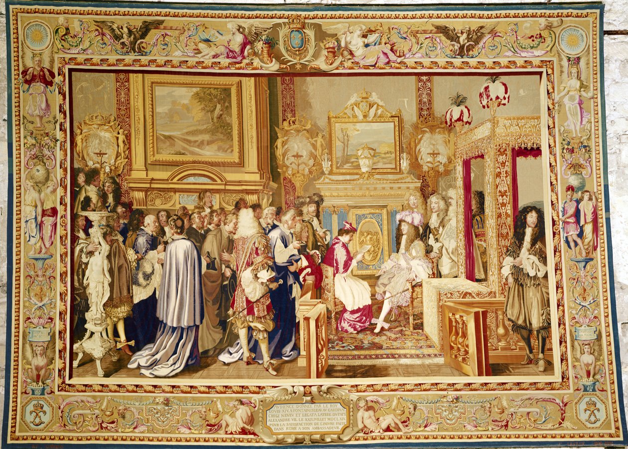A Audiência do Cardeal Chigi com Louis XIV (1638-1715) em Fontainebleau, 29 de julho de 1664, fábrica de Gobelins (tapeçaria) de Charles Le Brun