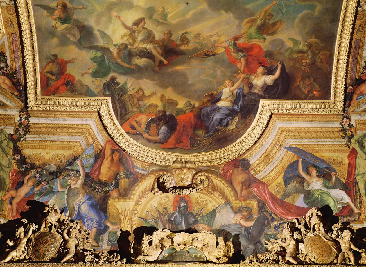 A captura da cidade e cidadela de Ghent em Six Days em 1678, pintura do teto da Galerie des Glaces de Charles Le Brun