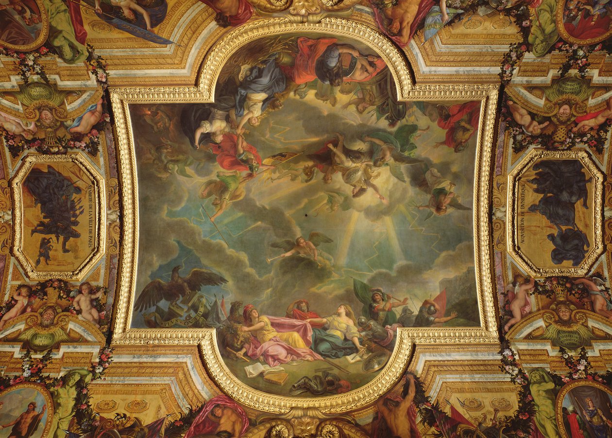 A captura da cidade e cidadela de Ghent em seis dias em 1678 e a estratégia dos espanhóis arruinada pela tomada de Ghent, pintura de teto da Galerie des Glaces (ver 165391 e 165392) de Charles Le Brun