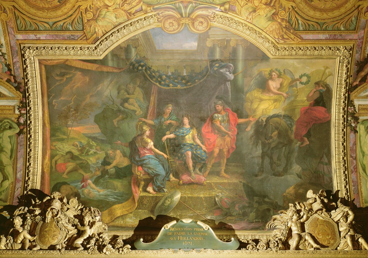 A decisão de fazer guerra aos holandeses em 1671, pintura de teto da Galerie des Glaces de Charles Le Brun