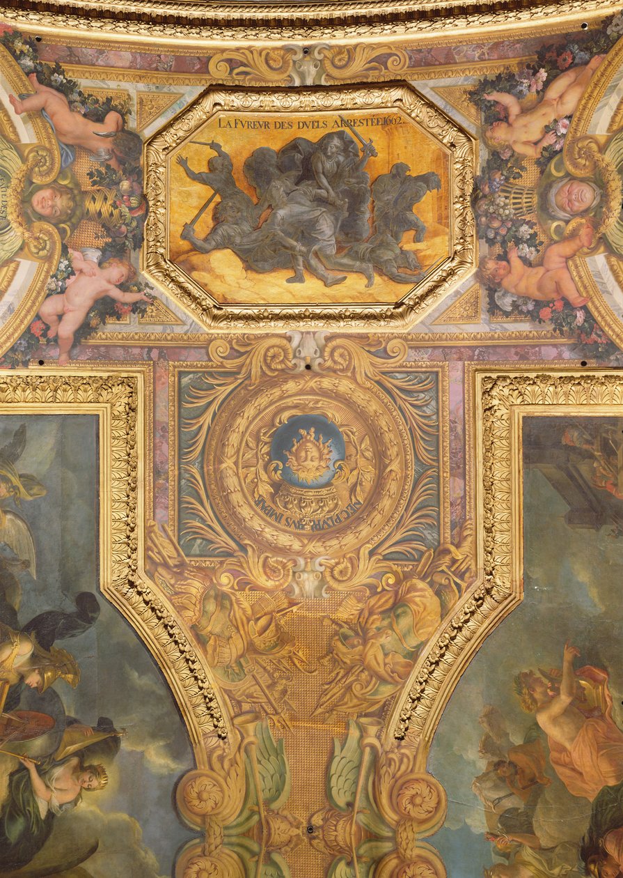 O fim da mania dos duelos em 1662, pintura de teto da Galerie des Glaces de Charles Le Brun
