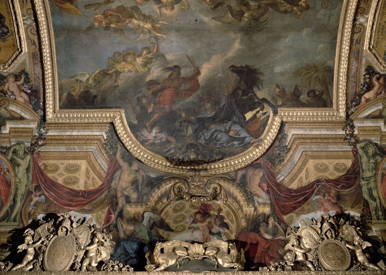 O rei tomando Maestricht em treze dias em 1673, pintura de teto da Galerie des Glaces de Charles Le Brun